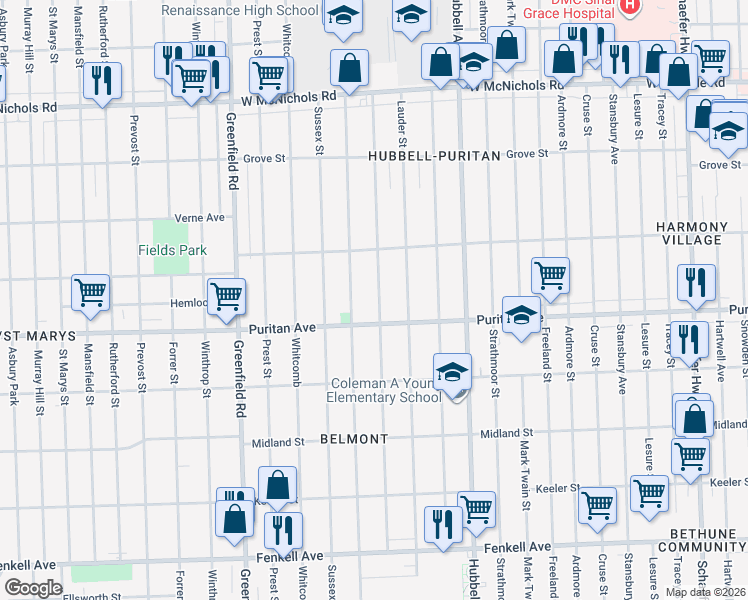 map of restaurants, bars, coffee shops, grocery stores, and more near 16127 Robson Street in Detroit