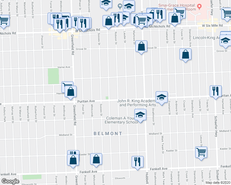 map of restaurants, bars, coffee shops, grocery stores, and more near 16127 Robson Street in Detroit