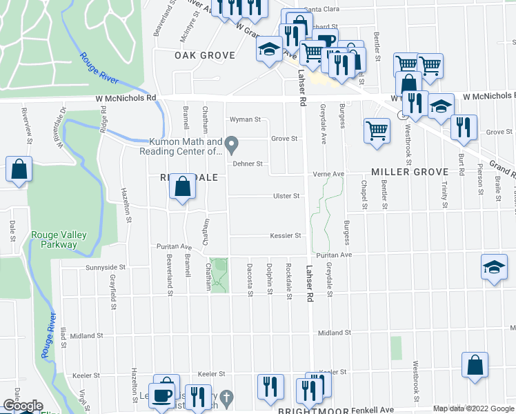 map of restaurants, bars, coffee shops, grocery stores, and more near 22161 Ulster Street in Detroit