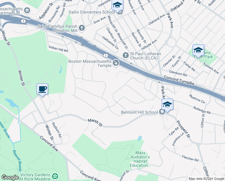 map of restaurants, bars, coffee shops, grocery stores, and more near 66 Crestview Road in Belmont