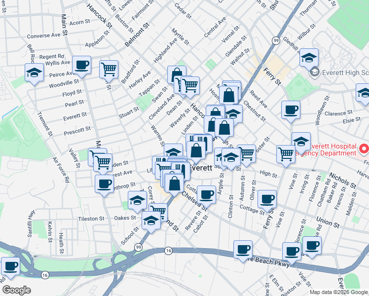 map of restaurants, bars, coffee shops, grocery stores, and more near 33 Ellsworth Street in Everett