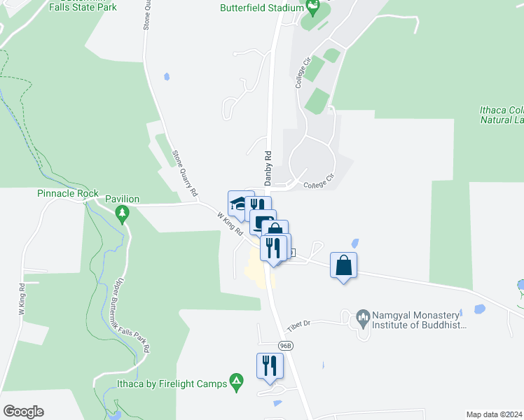 map of restaurants, bars, coffee shops, grocery stores, and more near 1050 New York 96B in Ithaca