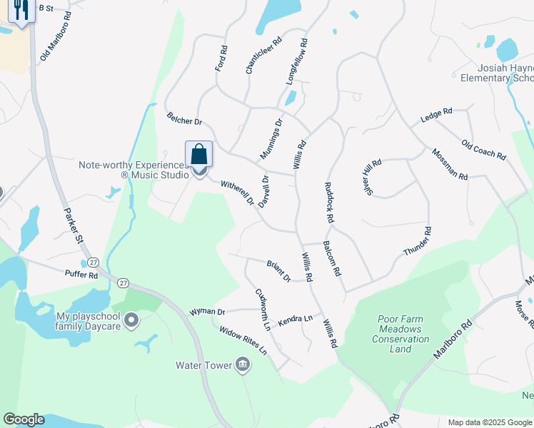 map of restaurants, bars, coffee shops, grocery stores, and more near 28 Witherell Drive in Sudbury