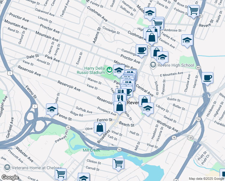 map of restaurants, bars, coffee shops, grocery stores, and more near Yeamans Street in Revere