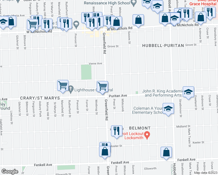 map of restaurants, bars, coffee shops, grocery stores, and more near 16156 Greenfield Road in Detroit