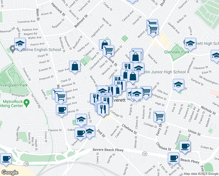 map of restaurants, bars, coffee shops, grocery stores, and more near 33 Ellsworth Street in Everett