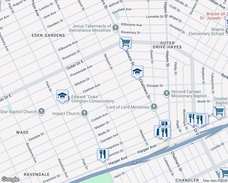 map of restaurants, bars, coffee shops, grocery stores, and more near 13376 Longview Street in Detroit