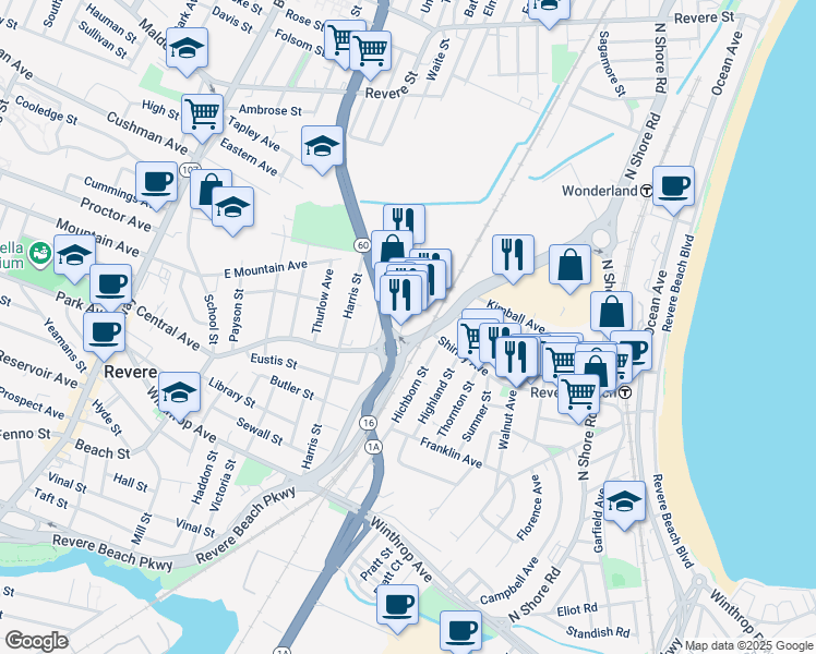 map of restaurants, bars, coffee shops, grocery stores, and more near 3a Everett Street in Revere