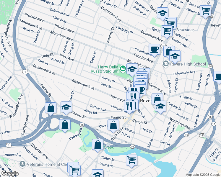 map of restaurants, bars, coffee shops, grocery stores, and more near 76 Vane Street in Revere