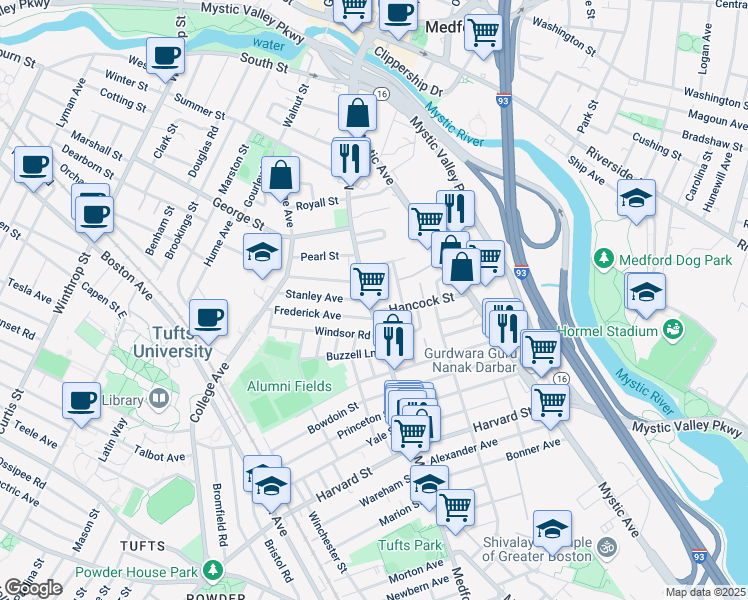 map of restaurants, bars, coffee shops, grocery stores, and more near 264 Main Street in Medford