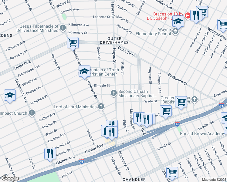 map of restaurants, bars, coffee shops, grocery stores, and more near 9539 Hayes Street in Detroit