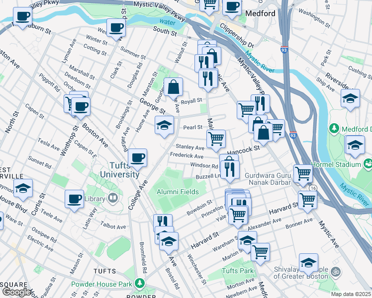 map of restaurants, bars, coffee shops, grocery stores, and more near 61 Frederick Avenue in Medford