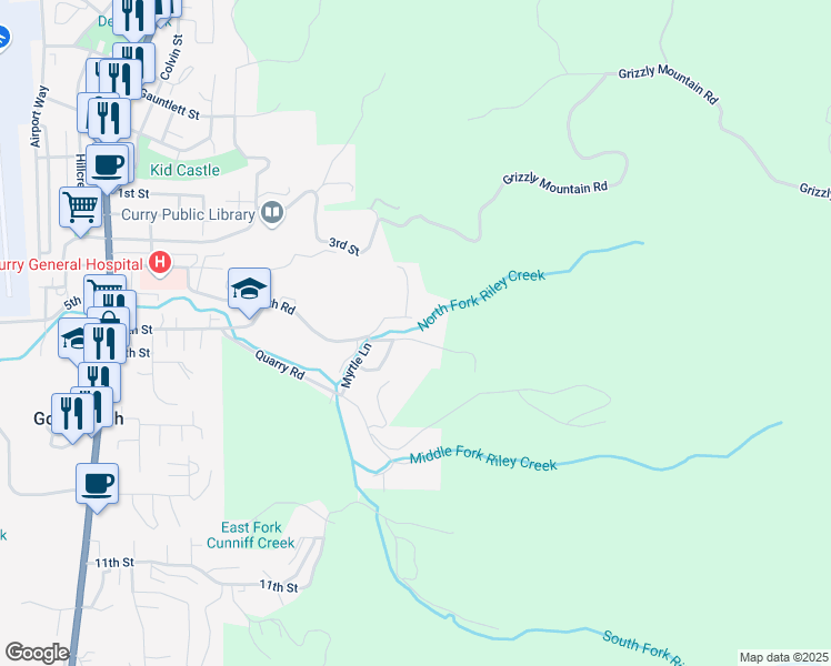 map of restaurants, bars, coffee shops, grocery stores, and more near 94489 Riley Creek Way in Gold Beach