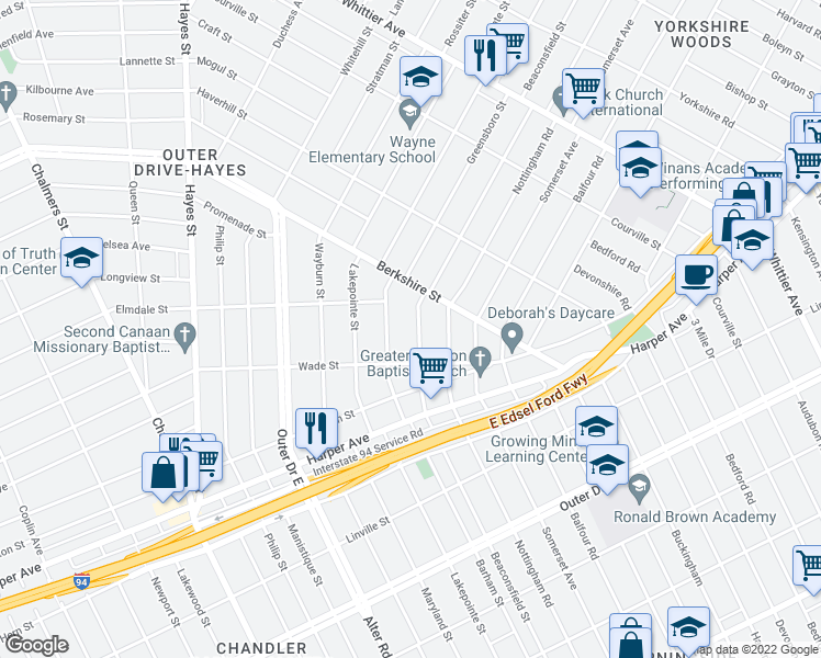 map of restaurants, bars, coffee shops, grocery stores, and more near 9465 Beaconsfield Street in Detroit