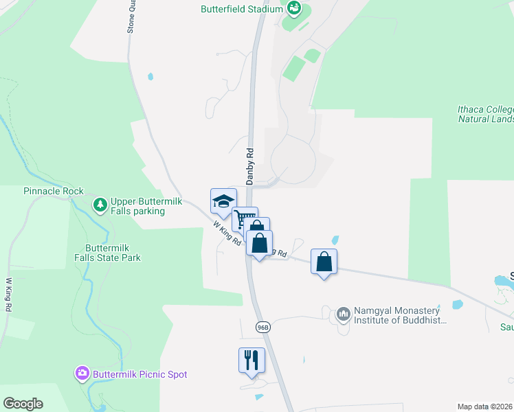 map of restaurants, bars, coffee shops, grocery stores, and more near 1053 Danby Road in Ithaca