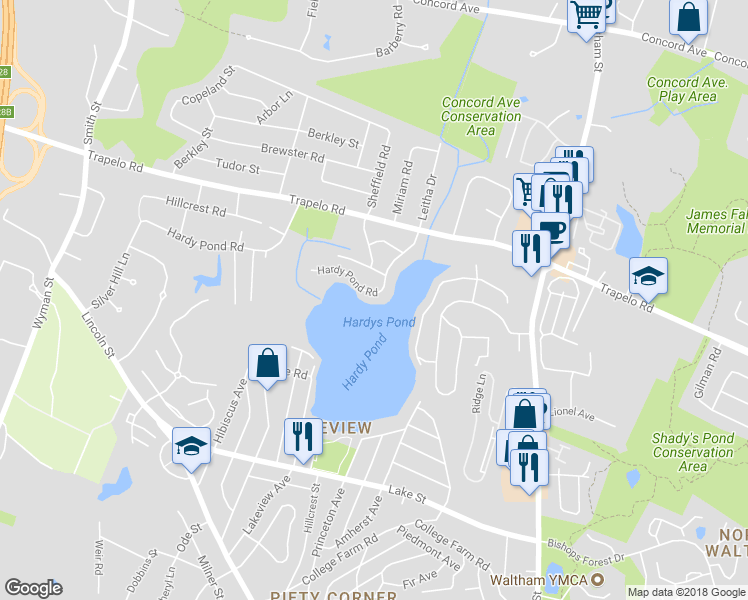 map of restaurants, bars, coffee shops, grocery stores, and more near 88 Hardy Pond Road in Waltham