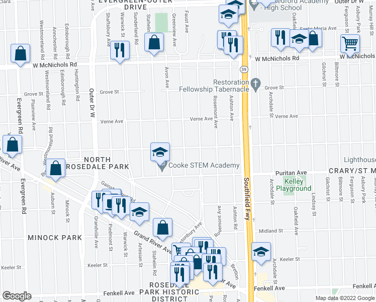 map of restaurants, bars, coffee shops, grocery stores, and more near 16208 Greenview Avenue in Detroit