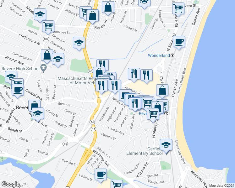 map of restaurants, bars, coffee shops, grocery stores, and more near 485 Beach Street in Revere