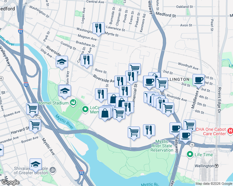 map of restaurants, bars, coffee shops, grocery stores, and more near 34 Linden Street in Medford