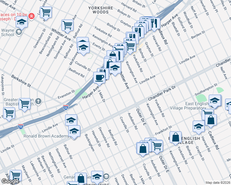 map of restaurants, bars, coffee shops, grocery stores, and more near 5817 Audubon Road in Detroit