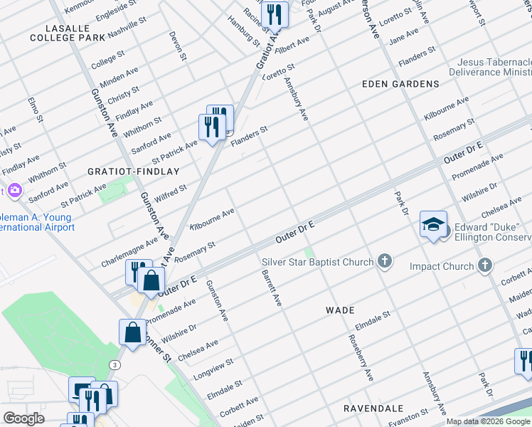 map of restaurants, bars, coffee shops, grocery stores, and more near 12094 Rosemary Street in Detroit
