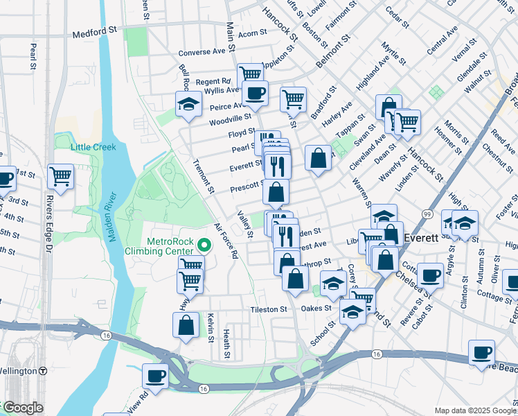 map of restaurants, bars, coffee shops, grocery stores, and more near 16 Winslow Street in Everett
