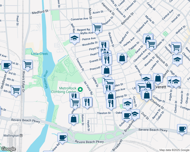 map of restaurants, bars, coffee shops, grocery stores, and more near 16 Winslow Street in Everett