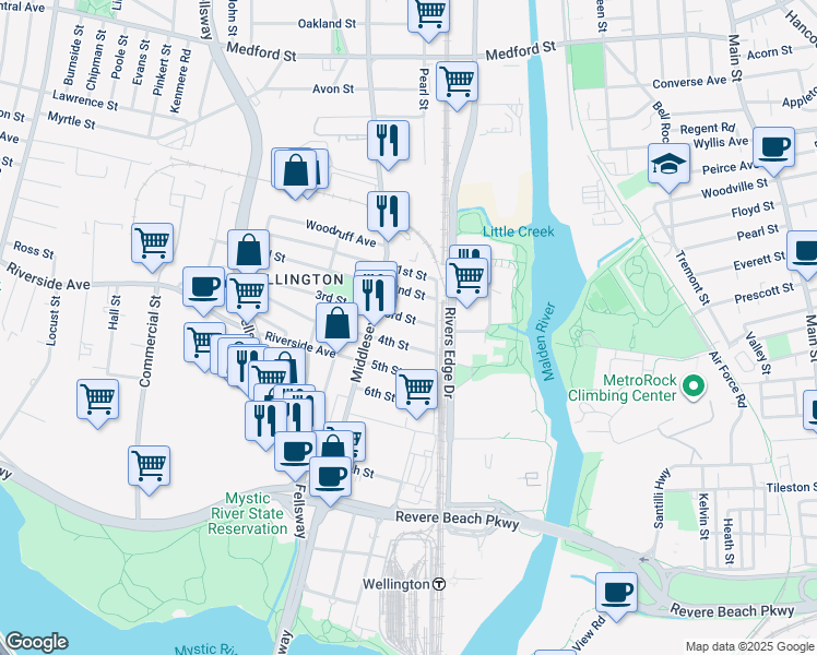 map of restaurants, bars, coffee shops, grocery stores, and more near 35 4th Street in Medford