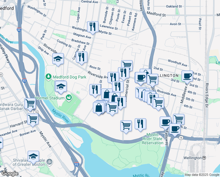 map of restaurants, bars, coffee shops, grocery stores, and more near 34 Linden Street in Medford