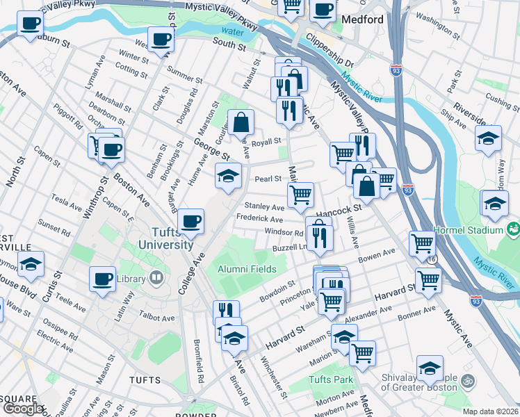 map of restaurants, bars, coffee shops, grocery stores, and more near 61 Frederick Avenue in Medford