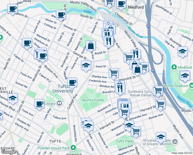 map of restaurants, bars, coffee shops, grocery stores, and more near 61 Frederick Avenue in Medford