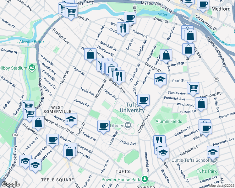 map of restaurants, bars, coffee shops, grocery stores, and more near 220 Packard Avenue in Medford