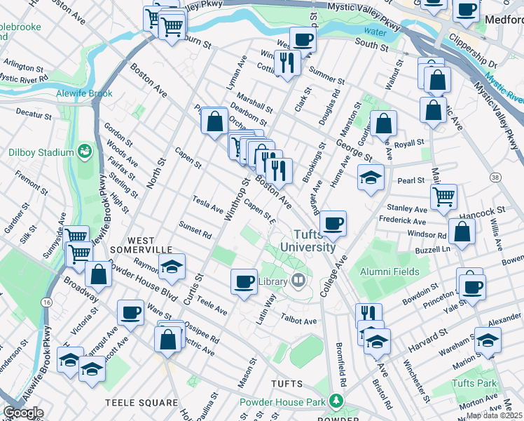 map of restaurants, bars, coffee shops, grocery stores, and more near 220 Packard Avenue in Medford