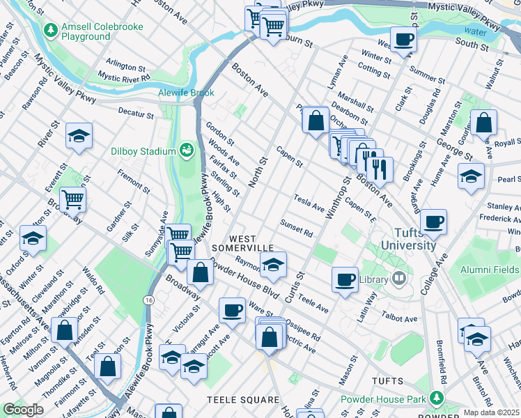 map of restaurants, bars, coffee shops, grocery stores, and more near 106 Adams Street in Somerville