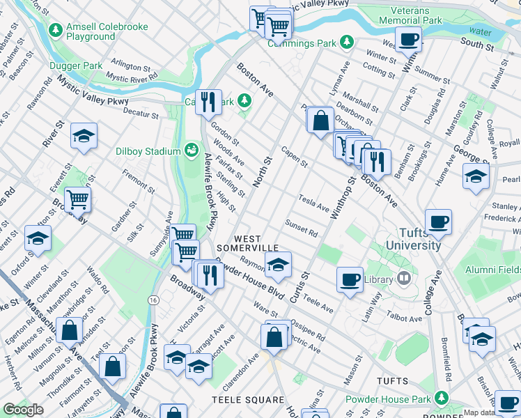 map of restaurants, bars, coffee shops, grocery stores, and more near 106 Adams Street in Somerville