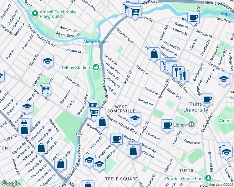 map of restaurants, bars, coffee shops, grocery stores, and more near 121 North Street in Somerville