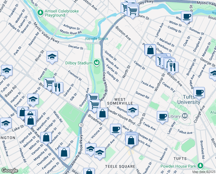 map of restaurants, bars, coffee shops, grocery stores, and more near 295 Alewife Brook Parkway in Somerville
