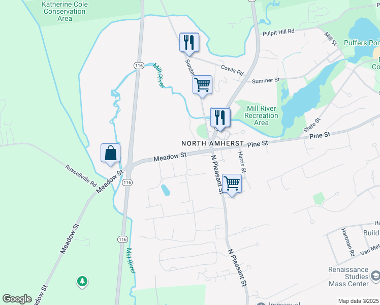 map of restaurants, bars, coffee shops, grocery stores, and more near 22-48 Meadow Street in Amherst