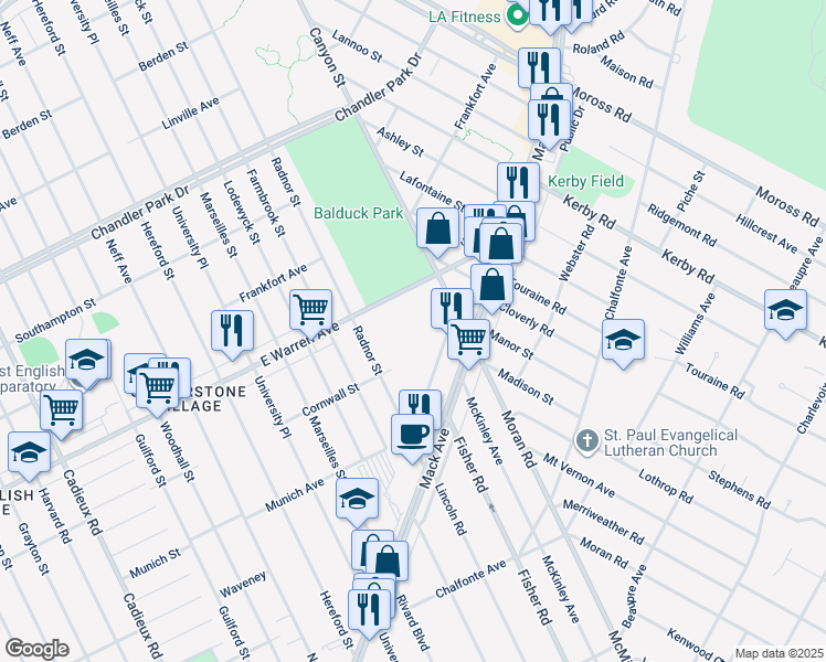 map of restaurants, bars, coffee shops, grocery stores, and more near 4831 Canyon Street in Grosse Pointe