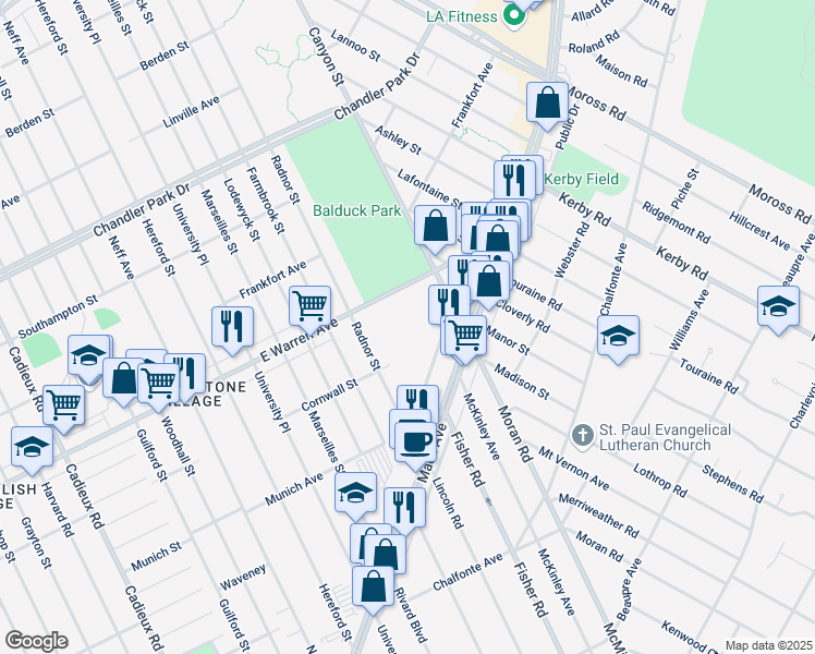 map of restaurants, bars, coffee shops, grocery stores, and more near 4858 Radnor Street in Detroit