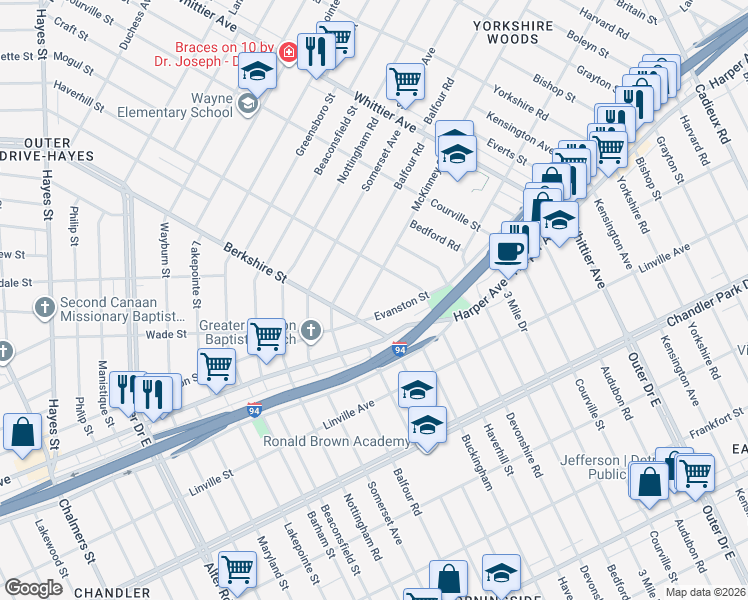 map of restaurants, bars, coffee shops, grocery stores, and more near 15857 Evanston Street in Detroit