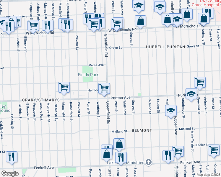 map of restaurants, bars, coffee shops, grocery stores, and more near 16140 Greenfield Road in Detroit