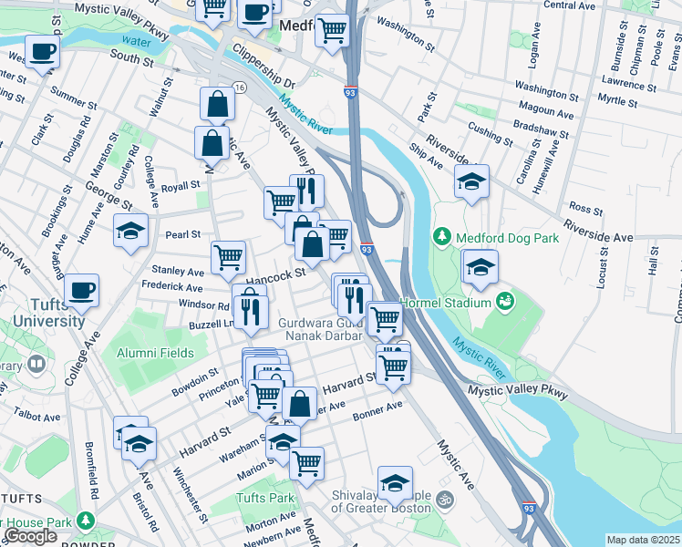 map of restaurants, bars, coffee shops, grocery stores, and more near 162 Mystic Avenue in Medford