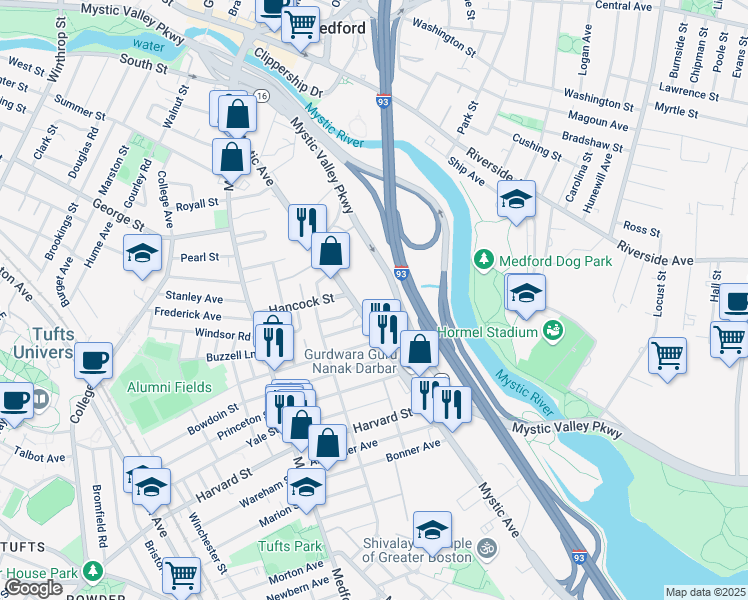 map of restaurants, bars, coffee shops, grocery stores, and more near 162 Mystic Avenue in Medford