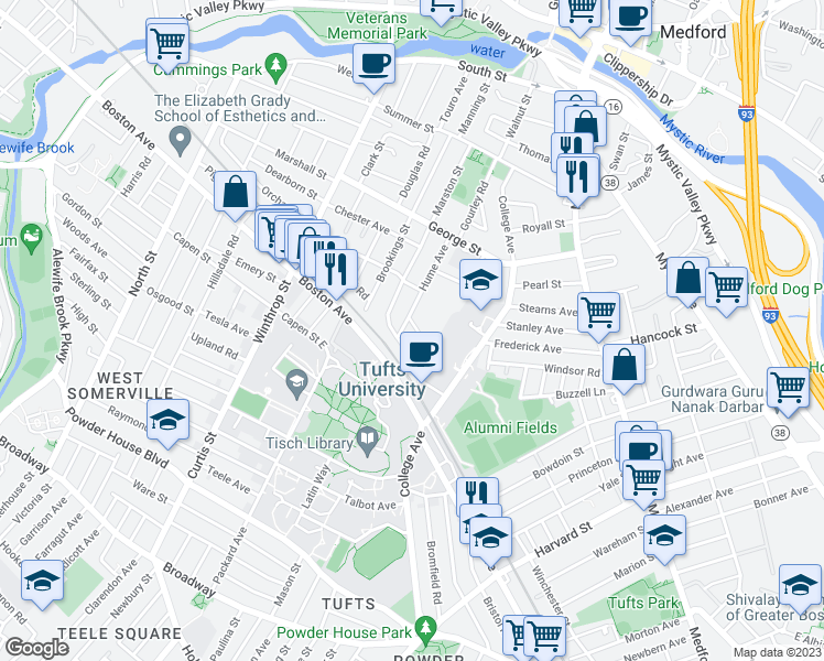 map of restaurants, bars, coffee shops, grocery stores, and more near 11 Sunset Avenue in Medford