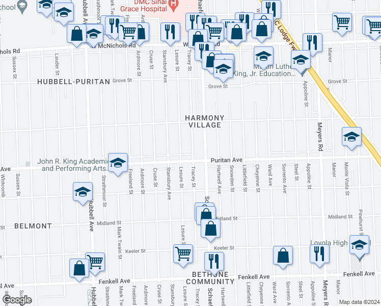 map of restaurants, bars, coffee shops, grocery stores, and more near 16127 Tracey Street in Detroit