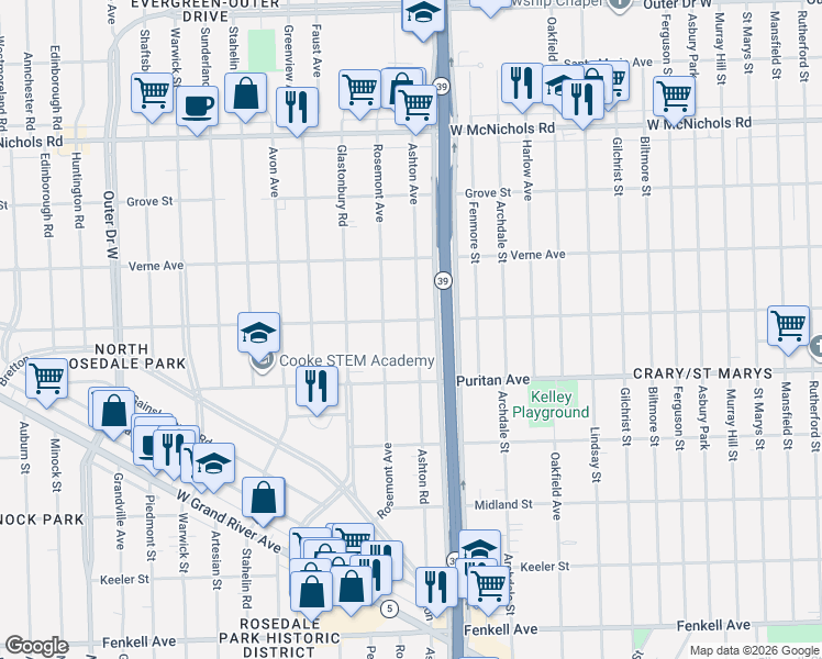 map of restaurants, bars, coffee shops, grocery stores, and more near 16171 Ashton Avenue in Detroit