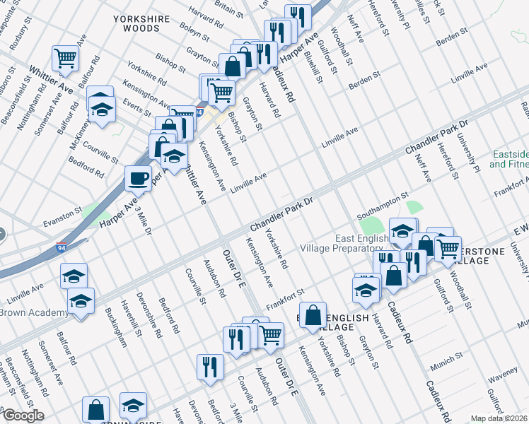 map of restaurants, bars, coffee shops, grocery stores, and more near 16705 Chandler Park Drive in Detroit
