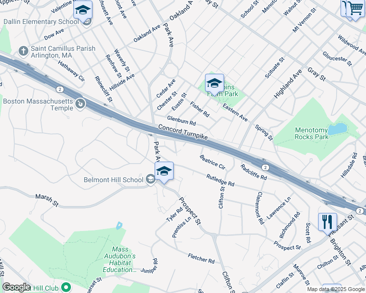 map of restaurants, bars, coffee shops, grocery stores, and more near 38 Lamoine Street in Belmont