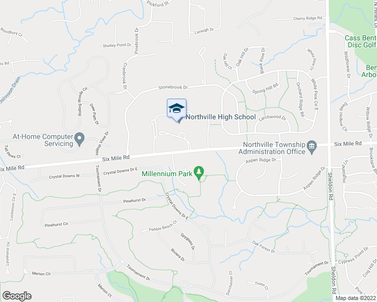 map of restaurants, bars, coffee shops, grocery stores, and more near 45745 Six Mile Road in Northville